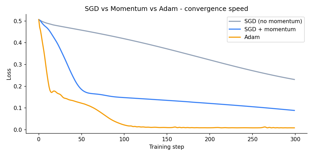 Loss curves over 300 training steps. SGD (no momentum) barely moves. SGD+momentum descends steadily. Adam drops steeply and plateaus near zero.
